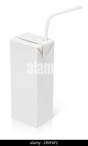 200 ml milk or juice carton package with straw isolated on white with clipping path Stock Photo