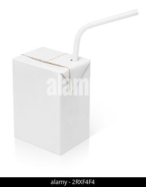 200 ml milk or juice carton package with straw isolated on white with clipping path Stock Photo