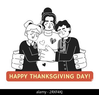 Happy thanksgiving day family black and white cartoon flat illustration Stock Vector