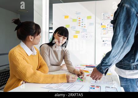 team of UI UX web designer are working together to develop mobile responsive websites with UI UX front end designer previews Stock Photo