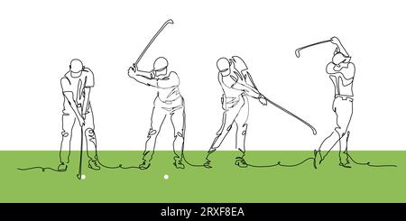 Golfer making swing motion on golf course. Vector illustration. One continuous line art drawing of golfer Stock Vector