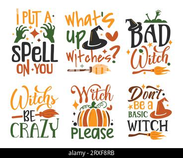 Set of Halloween lettering quotes with pumpkins, witch hat, spider web and bats. Vector illustration Stock Vector