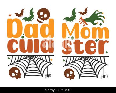 Set of Halloween lettering quotes with pumpkins, witch hat, spider web and bats. Vector illustration Stock Vector