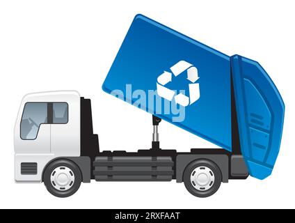 Vector Blue Recycling Truck Side View Illustration Isolated On A White Background. Stock Vector