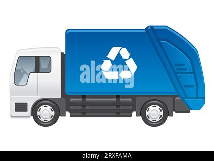 Vector Blue Recycling Truck Side View Illustration Isolated On A White Background. Stock Vector