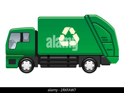 Vector Green Recycling Truck Side View Illustration Isolated On A White Background. Stock Vector