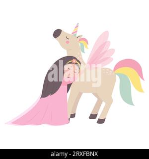 The princess hugs the unicorn cute childrens fairy tale characters. Flat cartoon vector illustration Stock Vector