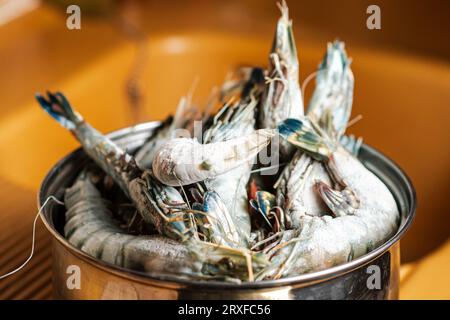 Frozen king prawns in a pan. Preparing for defrosting. Stock Photo