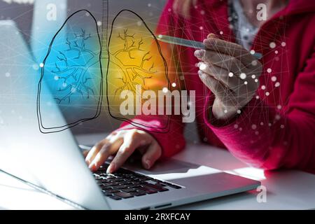 Creative image of medical worker with glowing interface of lungs and virus on blurry background. Medicine, healthcare and pandemic concept. Double Stock Photo