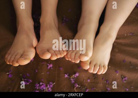Two pairs of women's legs on brown background strewn with flowers. Footfetish concept Stock Photo
