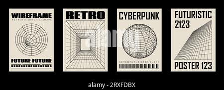 Retro futuristic abstract geometric y2k posters, wall art, t-shirt prints, banners. Wireframe graphic shapes Stock Vector
