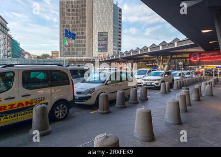 Naples, Italy - February 12, 2020: Taxi parking in front of the central train station of Naples, Piazza Garibaldi. Stock Photo