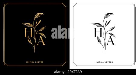 Elegant letter HA logo design in gold and black colors with leaf ornamental border isolated backgrounds for branding business, company identity Stock Vector