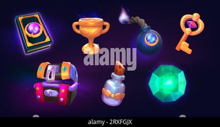 Game props icons golden ring and winner cup, bomb, magic book, glowing crystal, treasure chest and potion bottle. Ancient gui design elements. Ui interface award with 2d objects vector cartoon set. Stock Vector