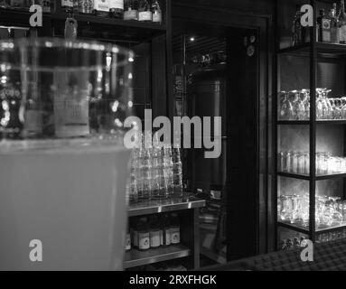 black and white glass of beer in a brewery bar Stock Photo