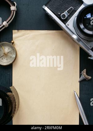 Stylish composition for travel, discovery and adventure with empty space. Flat lay. Stock Photo