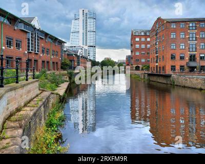 UK, West Yorkshire, Leeds, Bridgewater Place otherwise known as The Dalek, next to the River Aire Stock Photo