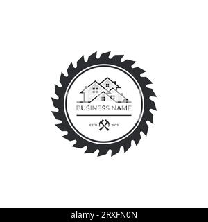 Home house builders repair remodeling logo design vector image. Circular Saw Disc for Cutting Wood and House Logo Design. Combined Vector Design. Cons Stock Vector