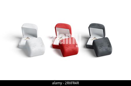 Blank black, white, red box with gold ring stack mockup Stock Photo