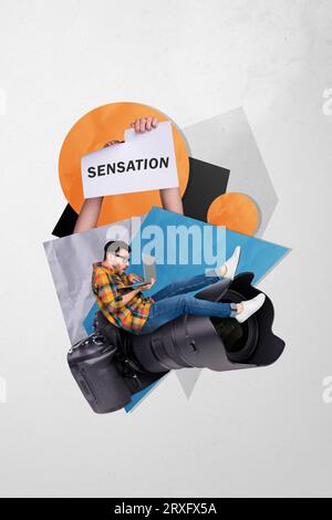 Vertical creative composite collage artwork of excited astonished man look at laptop watch photo sensation isolated gray color background Stock Photo