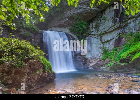 Looking Glass Falls in the Pisgah National Forest in North Carolina. The name 'Looking Glass' comes from the dome of Looking Glass Rock. Stock Photo