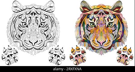 Head of tiger with paws zentangle styled for t-shirt design, tattoo and other decorations. Black and white and color images Stock Vector
