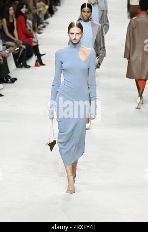 Milan, Italy. 20th Sep, 2023. Model Karolina Spakowski walks on the runway  at the Fendi fashion show during the Spring Summer 2024 Collections Fashion  Show at Milan Fashion Week in Milan, Italy