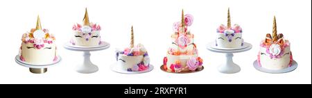 Set of beautiful birthday unicorn cakes with golden horns, eyelashes and cream cheese frosting isolated on white background, png Stock Photo