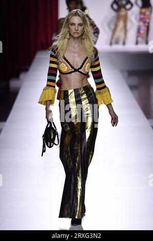 Milan, Italy. 21st Sep, 2023. Model Caroline Trentini walks on the runway at the Moschino fashion show during the Spring Summer 2024 Collections Fashion Show at Milan Fashion Week in Milan, Italy on September 21 2023. (Photo by Jonas Gustavsson/Sipa USA) Credit: Sipa USA/Alamy Live News Stock Photo