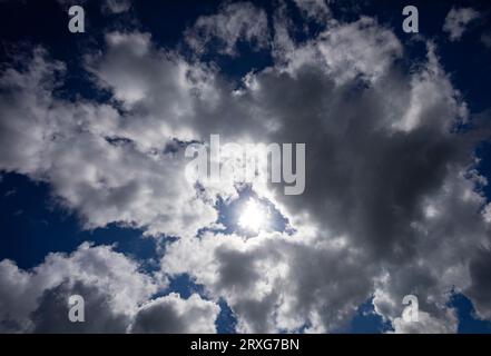 Dramatic cloudscape with (cumulus) clouds and sunrays, thunderclouds, rain clouds, Austria Stock Photo
