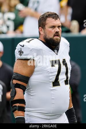 New Orleans Saints offensive tackle Ryan Ramczyk (71) walks on the field  before a game against the Green Bay Packers Sunday, Sept. 24, 2023, in  Green Bay, Wis. (AP Photo/Jeffrey Phelps Stock