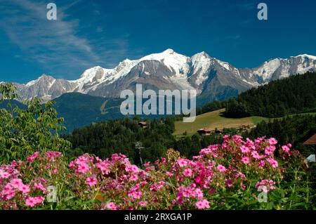 View of the Mont Blanc massif from the village of Cordon, Haute Savoie, France Stock Photo