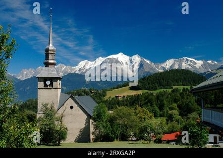 Church and Mont Blanc Massif, Cordon, Haute Savoie, France, Alps Stock Photo