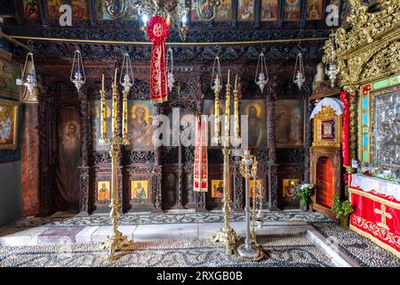 Interior, altar, icons, Tsambika Monastery, Rhodes, Dodecanese, Greece Stock Photo