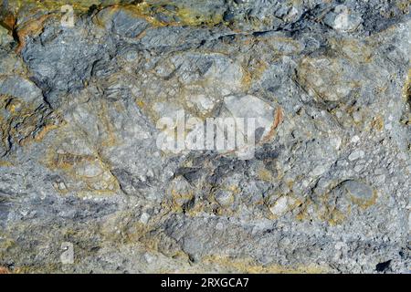 Fault breccia or tectonic breccia. This photo was taken in Cap Ras, Girona, Catalonia, Spain. Stock Photo