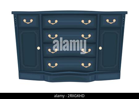 Chest of drawers. Blue wooden commode. Piece of bedroom furniture and home interior. Dark dresser or console table for bedroom and living room. Vector Stock Vector