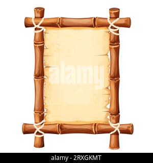 Bamboo frame with old parchment paper decorated with rope in cartoon style isolated on white background. Game ui board, sign. Vector illustration Stock Vector