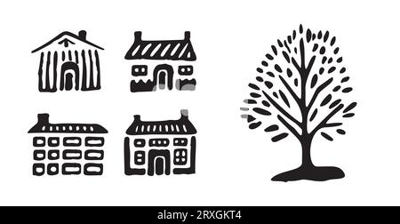 Whimsical forest tree with building design collection vector organic style. Monochrome woodland cottage for outdoor quirky linocut set.  Stock Vector