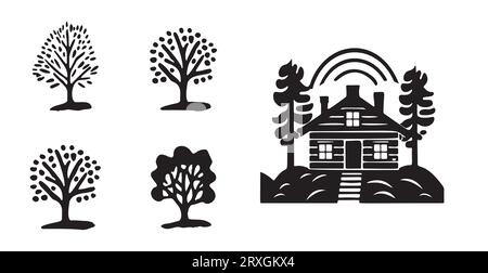 Whimsical forest tree with building design collection vector organic style. Monochrome woodland cottage for outdoor quirky linocut set.  Stock Vector