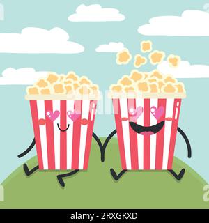 Two cute cartoon popcorn characters in love. Two popcorn buckets are sitting on the grass with heart shaped eyes. Flat style. Vector illustration Stock Vector