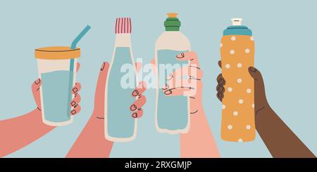 Reusable water container. Various poses of hands holding bottle, tumbler, sports water bottle. Use your own bottle. Vector isolated illustration for Stock Vector