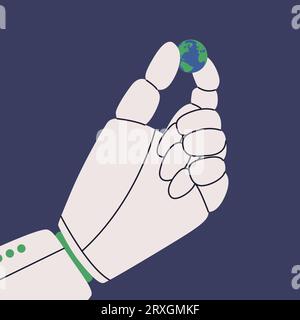 Hand of robot holds small globe. Planet Earth in the hands of robots, machines or artificial intelligence. Vector illustration. Stock Vector