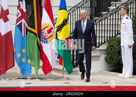 Washington DC, USA. 25th Sep, 2023. United States President Joe Biden arrives to participate in a family photo with Pacific Islands Forum leaders at the South Portico of the White House in Washington, DC, September 25, 2023.Credit: Chris Kleponis/CNP /MediaPunch Credit: MediaPunch Inc/Alamy Live News Stock Photo