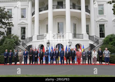 Washington, USA. 25th Sep, 2023. US President Joe Biden participates in a family photo with Pacific Islands Forum (PIF) leaders today on September 25, 2023 at South Portico/White House in Washington DC, USA. (Photo by Lenin Nolly/Sipa USA) Credit: Sipa USA/Alamy Live News Stock Photo