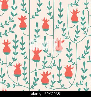 Simple modern vector seamless pattern with red abstract flowers, foliage. Natural tiny leaves plant ornament background. Stock Vector