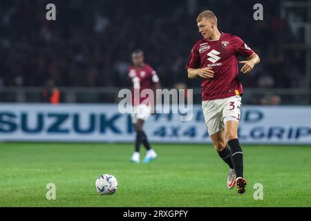 Perr Schuurs of Torino FC seen in action during Serie A 2023/24 football  match between Torino FC and AS Roma at Stadio Olimpico Grande Torino.  (Final scores; Torino 1