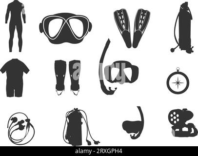 Diving equipment silhouette, Scuba diving equipment silhouette, Equipment silhouette, Diving element vector, Snorkeling gear icons. Stock Vector