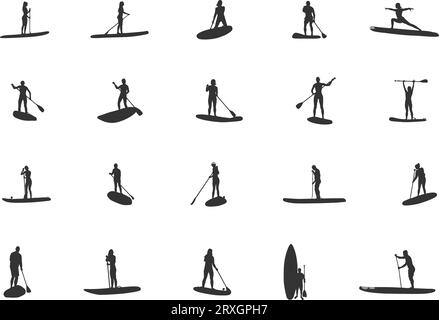 Paddleboarding silhouettes, Woman paddleboard silhouette, Paddleboard silhouette, Standup paddleboarding, Paddleboard svg, Paddleboard vector, Paddle Stock Vector