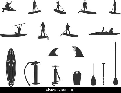 Paddleboarding equipment silhouettes, Paddleboard silhouette, Paddleboarding silhouettes, Paddleboard svg, Paddleboard vector, Paddle surfers V02. Stock Vector