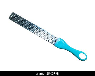 LONG STAINLESS STEEL CHEESE GRATER WITH BLUE PLASTIC HANDLE Stock Photo